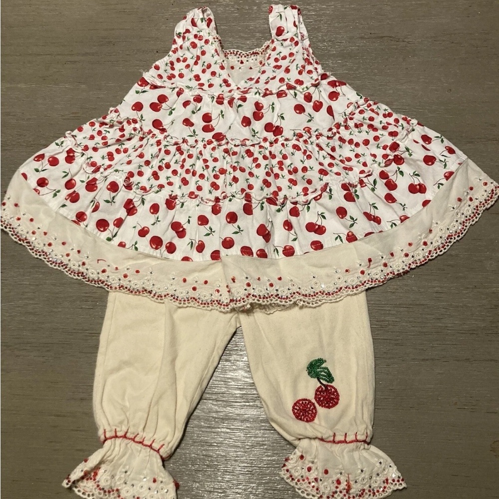 Vintage Cherry Print Dress and Pants Set
